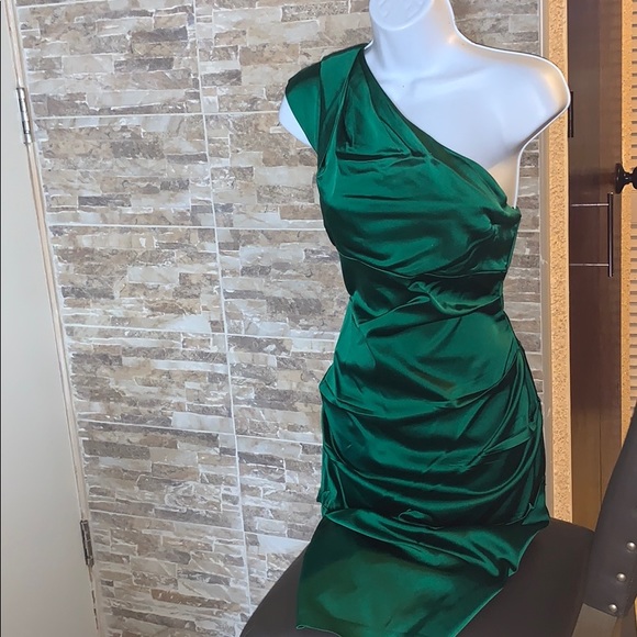 green satin one shoulder dress